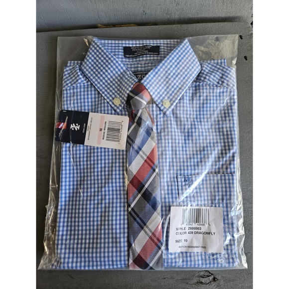 IZOD Boys Blue Gingham Shirt Plaid Clip-On Tie  Red White School Formal Size 10 - Picture 1 of 3